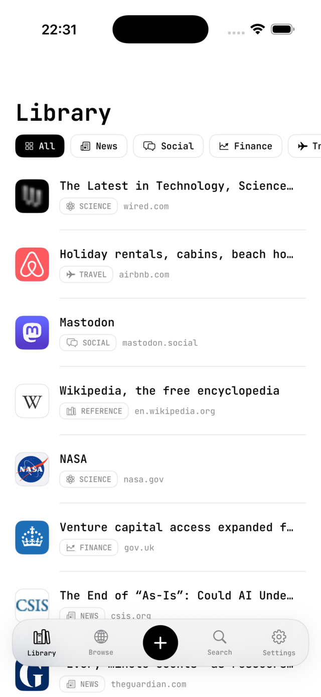 Foliomark's Library tab showing auto-categorized bookmarks