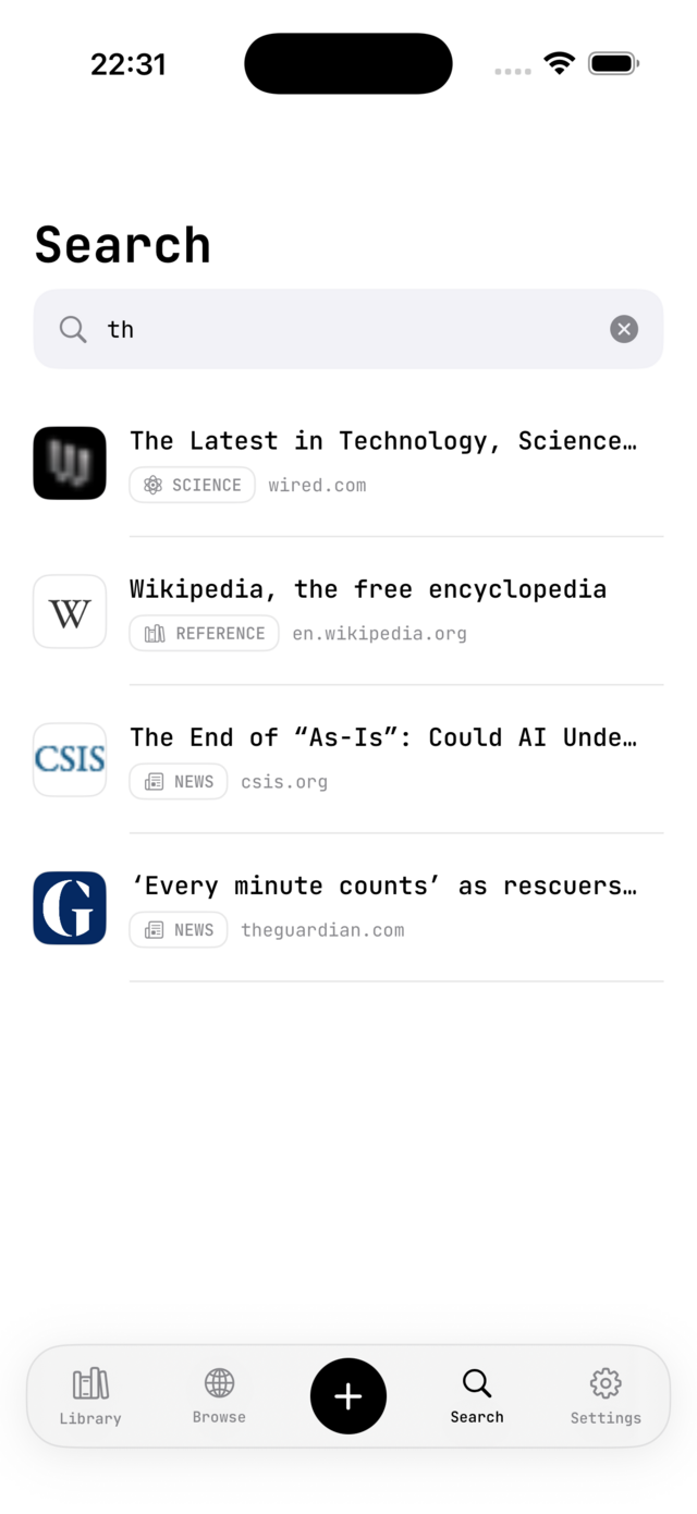 Search tab with instant results